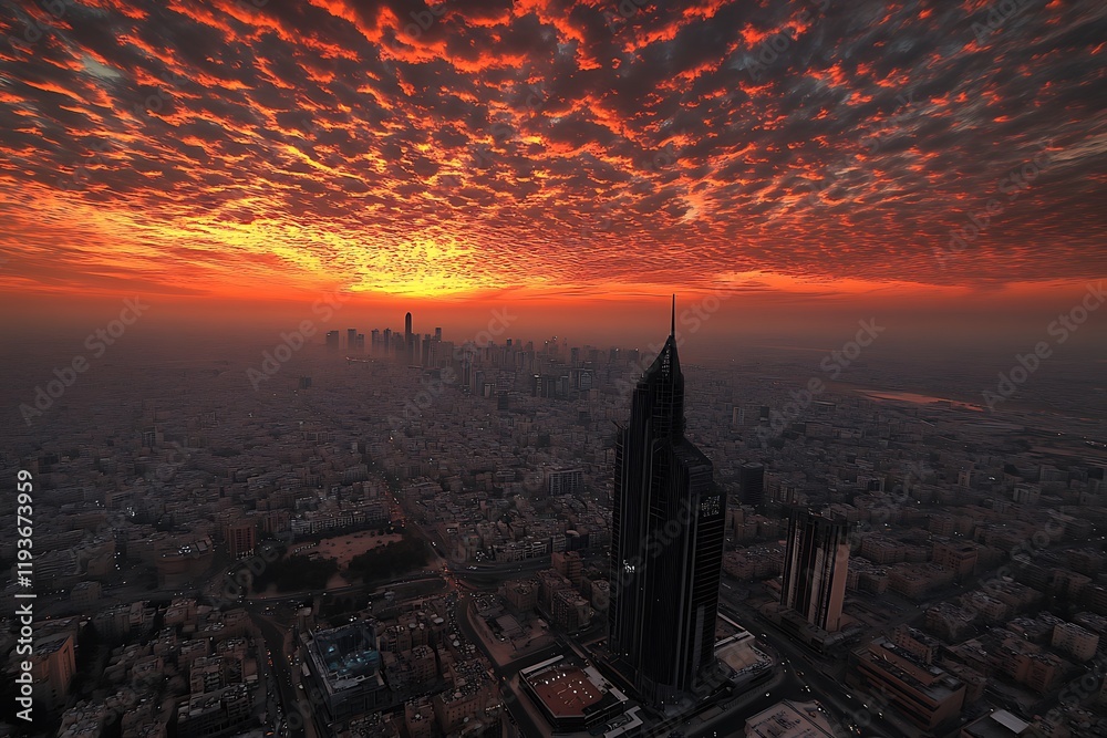 Obraz premium Fiery Sunset over City Skyline with Modern Skyscraper