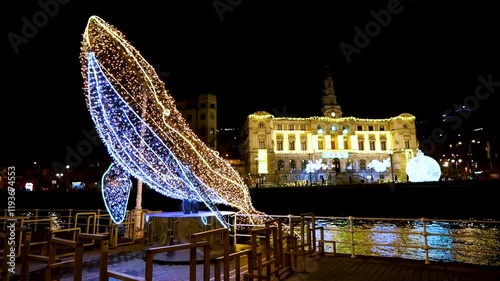 Christmas lights at Bilbao City Hall, in the streets of the city of Bilbao. Province of Bizkaia. Basque Country. Spain. Europe