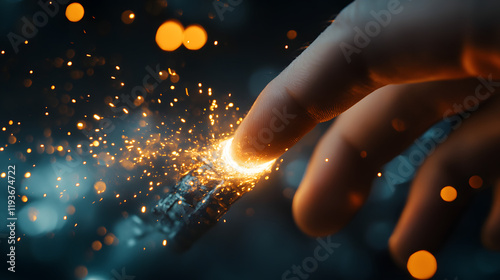 A human finger pressing against a robotic finger with energy sparks emitting from the touch point.
