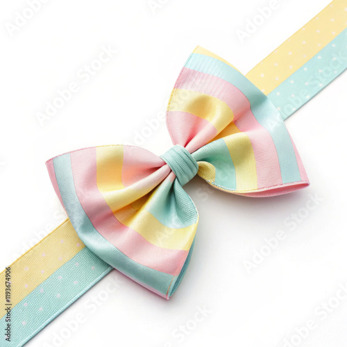 A vibrant pastel bow with alternating stripes of pink, yellow, and blue, attached to a ribbon featuring polka dots in soft yellow and blue. The festive bow design sits on a clean white background, ide