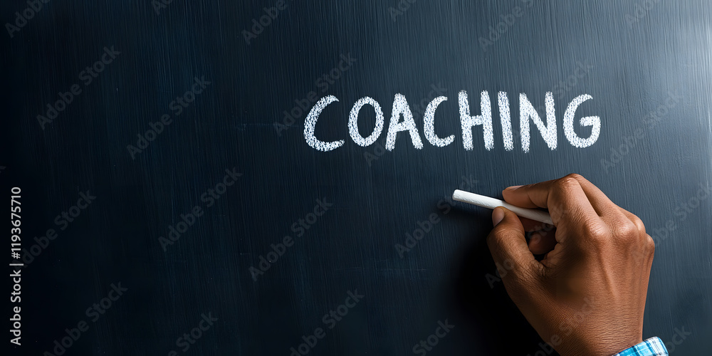 Hand writing 'Coaching' on a blackboard. Concept of mentorship, guidance, and personal development. Hand writing 'Coaching' on a blackboard. Concept of mentorship, guidance, and personal development.