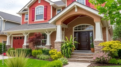 Dream House Exterior: Stunning Red and Tan Home with Landscaped Garden photo