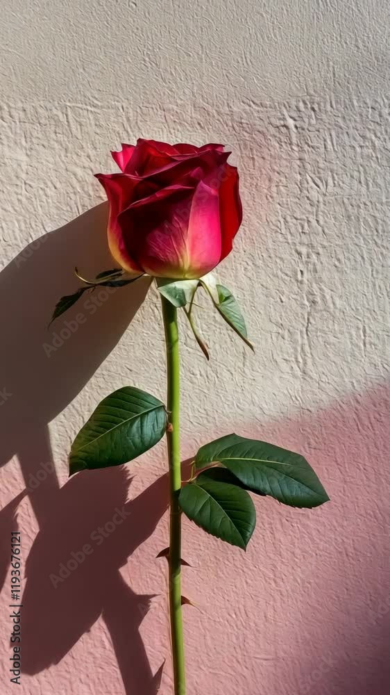 Bright red rose with green leaves standing against a pink and white wall in natural light during the day Bright red rose with green leaves standing against a pink and white wall in natural light during the day