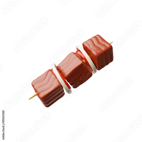 Kebab, shashlik with vegetables on a skewer 3D plastic style vector icon, fast food barbeque and BBQ steaks roasted