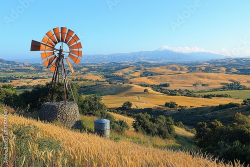 On a sweltering summer day in rural Victoria, Australia, a windmill spins in a paddock