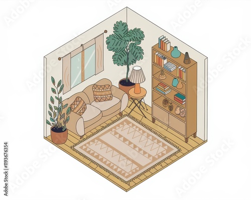 Wallpaper Mural Cozy Living Room Isometric Illustration Featuring Plants and Books Torontodigital.ca