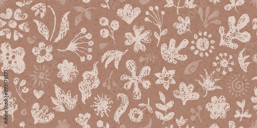 Flower seamless pattern in mocha mousse color. Floral 2025 year color mocha mousse. Seamless simple small print. Vector background, abstract crayon flower. Spring summer design pattern. Seamless bg