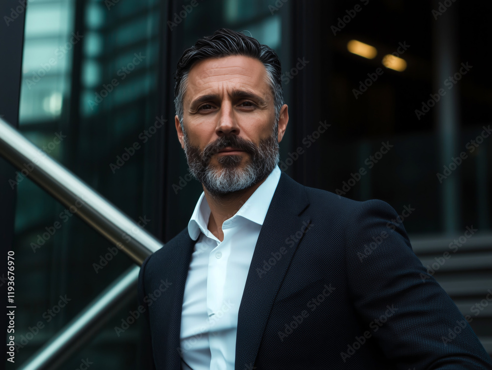 Fototapeta premium Professional man in a sleek black suit posing confidently in front of modern architecture 