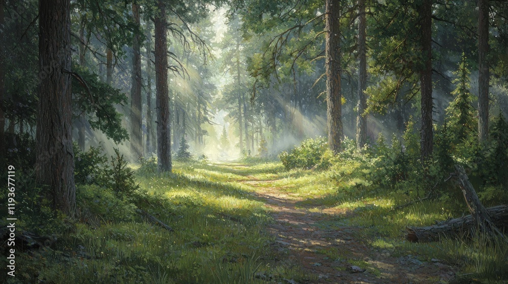 Obraz premium Sunbeams illuminate a tranquil forest path.