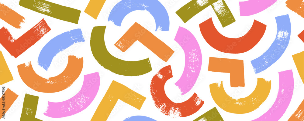Colorful seamless background with half circles and round bold lines. Brush drawn geometric strokes and curved lines.