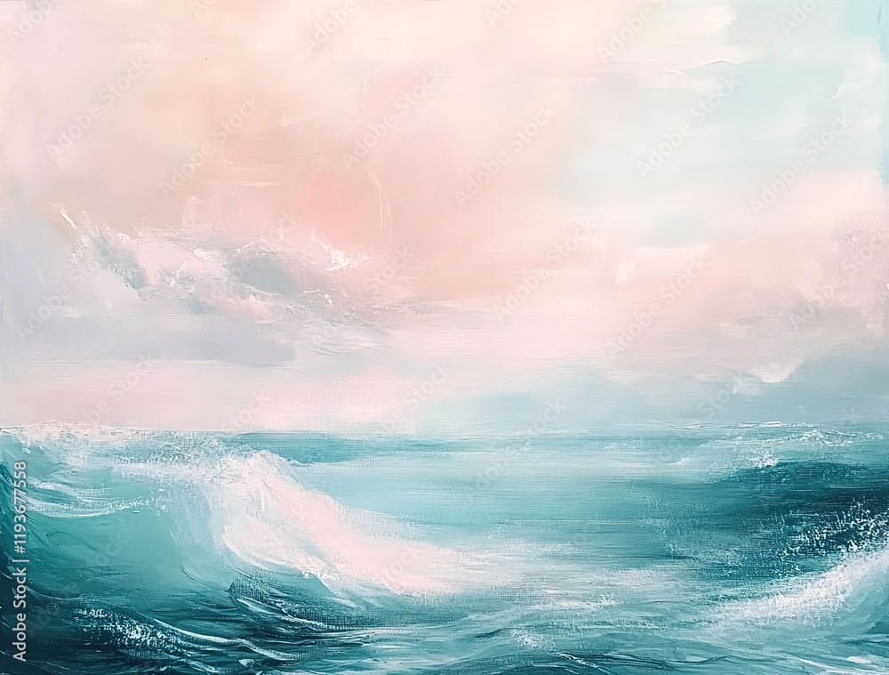 Fototapeta premium Abstract oil painting of an ocean landscape, with light pink and teal tones, soft and dreamy in style.