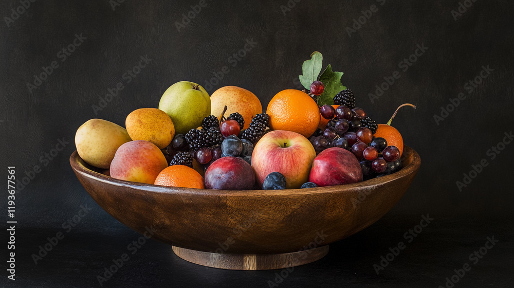 Display of various fruits in a wooden bowl delicious enticing Display of various fruits in a wooden bowl delicious enticing