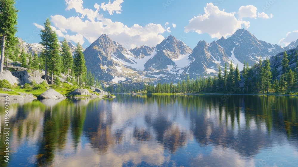 Serene mountain lake reflecting snow-capped peaks under a blue sky. Serene mountain lake reflecting snow-capped peaks under a blue sky.
