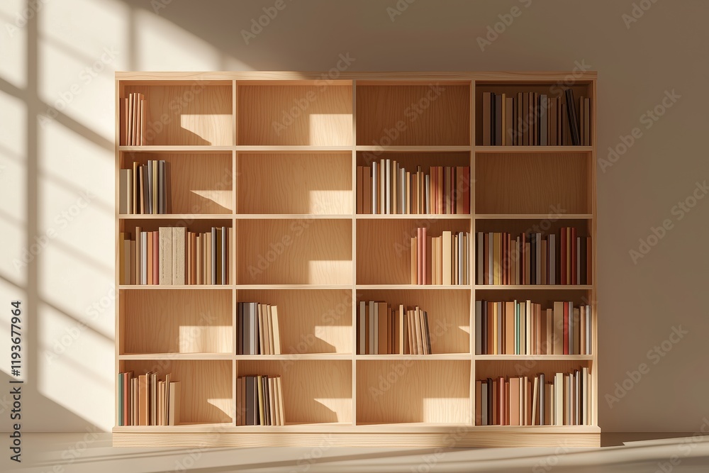 Simple Wooden Bookshelf with Natural Light and Shadows in Room Simple Wooden Bookshelf with Natural Light and Shadows in Room