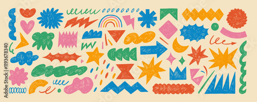 Funky abstract geometric shapes and figures drawn by colored crayon. Doodle modern figures, stars, arch, cloud, arrow.