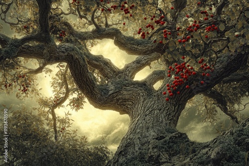 Ancient, gnarled tree laden with red berries, bathed in ethereal, misty light. photo