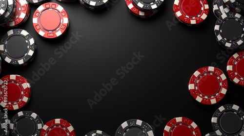 Red and black casino chips framing a black background in a symmetrical layout photo