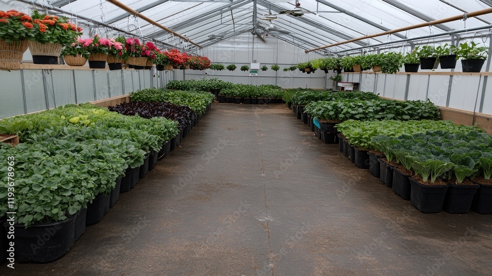 Stroll through a large greenhouse filled with vibrant chrysanthemums and lush plants under natural light, showcasing floral beauty Stroll through a large greenhouse filled with vibrant chrysanthemums and lush plants under natural light, showcasing floral beauty