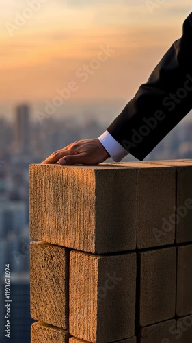 Hand resting on concrete block during sunset over city skyline with a business suit