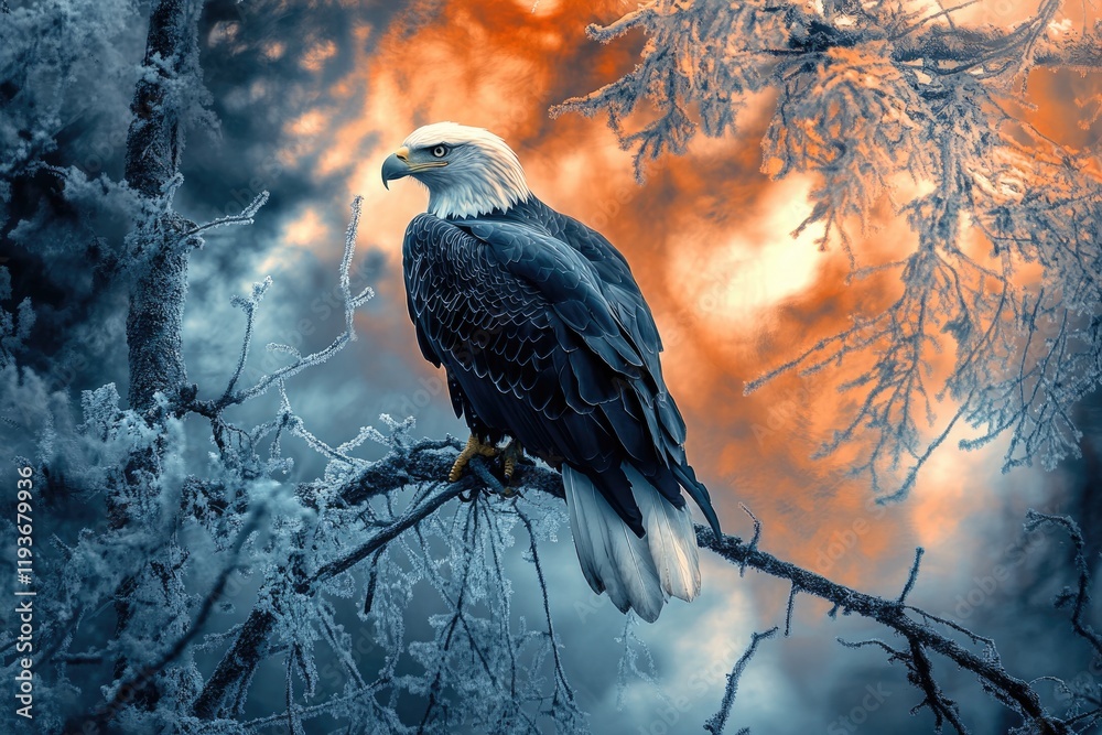 Fototapeta premium Majestic bald eagle perched on a frost-covered branch against a dramatic, fiery sunset sky.