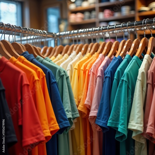 Wallpaper Mural Colorful t-shirts hang on hangers in store. Variety of plain colors displayed in retail setting. Casual attire collection. Shop interior blurred. Assortment of styles in retail environment. Stylish Torontodigital.ca