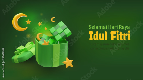 Selamat Hari Raya Idul Fitri vector landing page, 3D design with open green gift box full of Ketupat, gold crescent moon