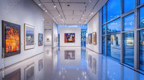 Modern art gallery interior with paintings on display, reflective floor, and large windows showing twilight city view.