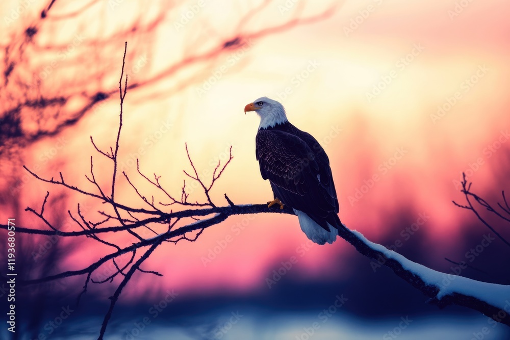Fototapeta premium Majestic bald eagle perched on a snow-covered branch against a vibrant sunset.