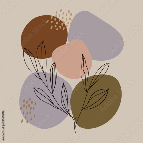 Vector illustration. A restrained composition of natural colors of brown, olive and beige, decorated with subtle floral patterns. A feeling of warmth and peace dominates this work.