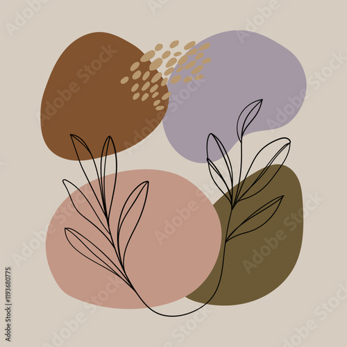Vector illustration. A restrained composition of natural colors of brown, olive and beige, decorated with subtle floral patterns. A feeling of warmth and peace dominates this work.