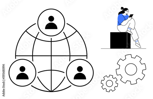 Person working on a tablet next to gears and a globe connecting three user icons. Ideal for remote work, team collaboration, digital communication, global connectivity, workflow optimization, online