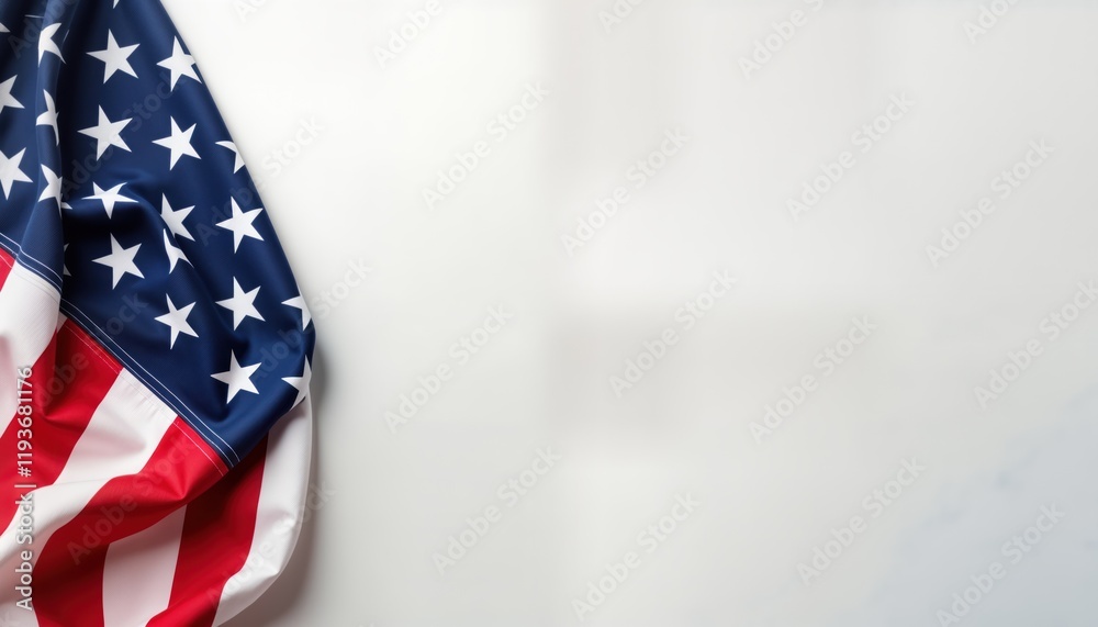 Obraz premium American flag displayed on plain white background. Top view shows flag folds, textures. Great for patriotic holiday, memorial, national pride themes. Flag represents US nation, culture. Ideal for