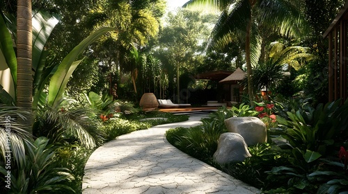 Scenic Pathway through a Lush Tropical Garden / 豊かなトロピカルガーデンを抜ける絶景の小道
