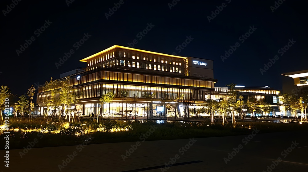 Naklejka premium Modern building illuminated at night with warm lights