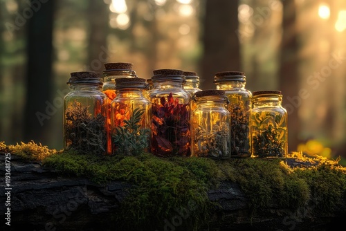 Sunlit forest scene featuring glass jars filled with preserved plants and flowers, creating a magical, enchanting ambiance. photo