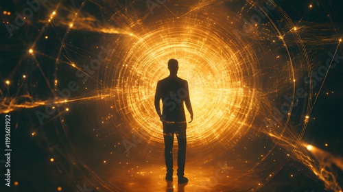 A glowing human figure forming from concentric circles of vibrant light surrounded by intricate geometric patterns.