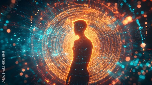 A glowing human figure forming from concentric circles of vibrant light surrounded by intricate geometric patterns.