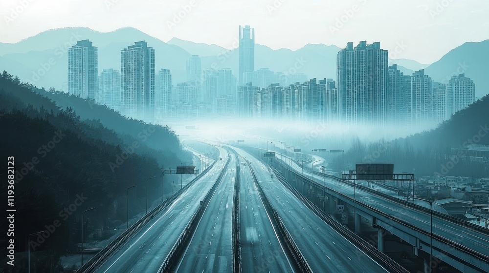 Fototapeta premium Misty highway leading to a city skyline.