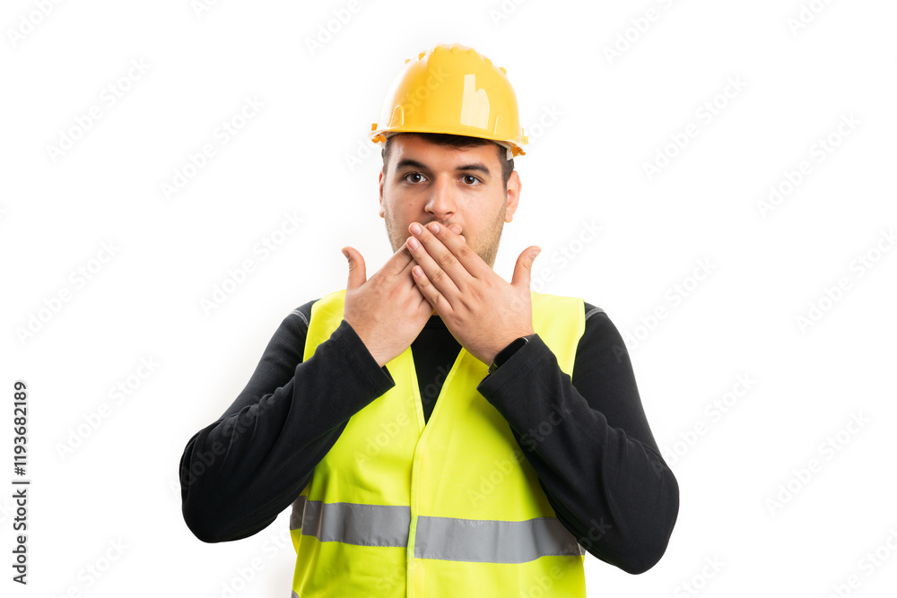 Constructor man wearing hardhat covering mouth with hands Constructor man wearing hardhat covering mouth with hands