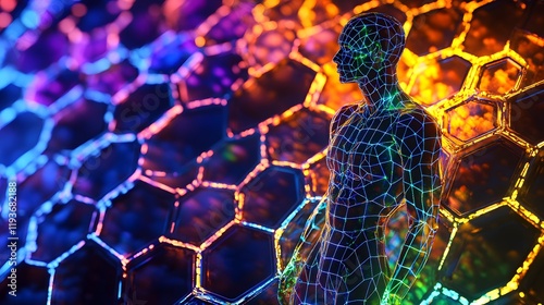 A glowing human form transitioning from a lattice of hexagonal panels illuminated by radiant neon hues.