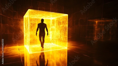 A glowing silhouette of a human figure stepping out from a rotating cube made of transparent layers.