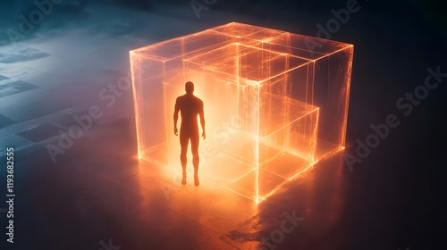 A glowing silhouette of a human figure stepping out from a rotating cube made of transparent layers.