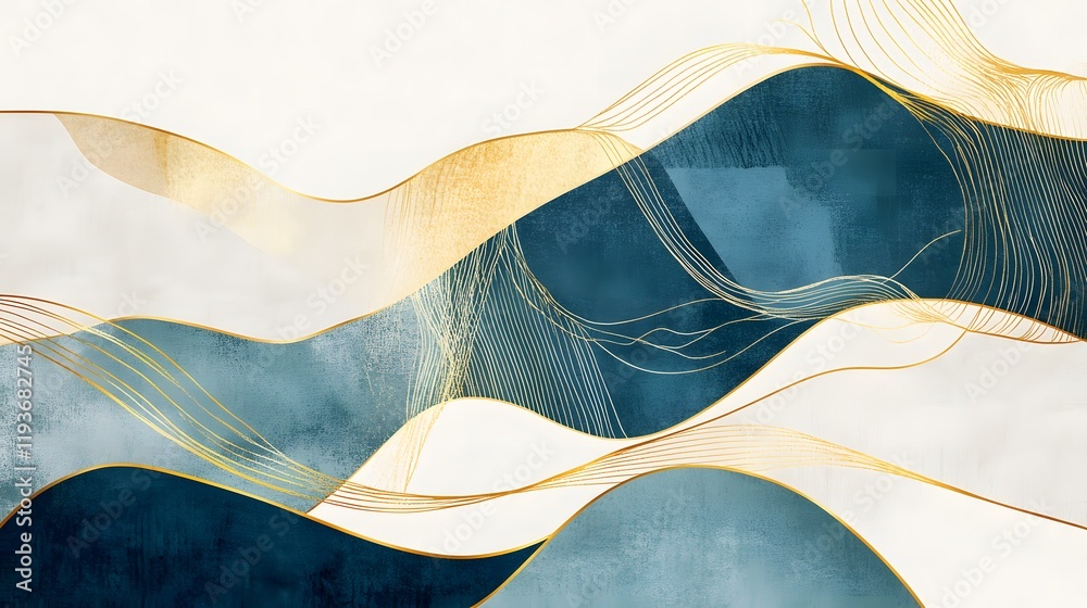 Abstract Gold Line Art Teal and White Waves