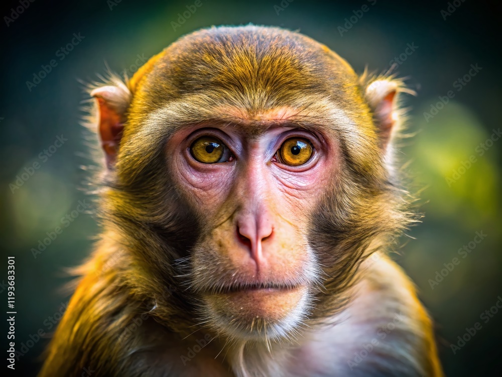 Obraz premium Playful Monkey Portrait: Close-up of a Curious Primate Face, Right Composition with Copy Space