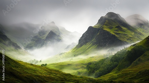 Misty Scottish Highlands landscape.