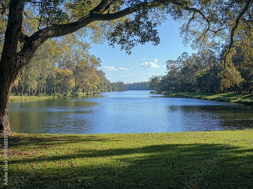 Noreuil Park Foreshore, nestled along the Murray River, offers a tranquil spot for relaxation in Albury Wodonga, NSW, Australia photo