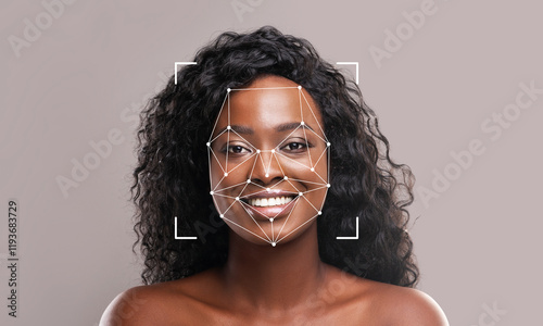 A young woman with curly hair smiles confidently. Geometric lines outline her face, illustrating facial recognition technology. The background is neutral, emphasizing her expression and the tech used.