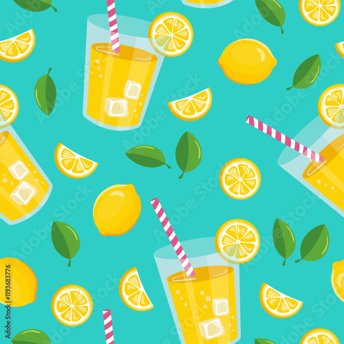 Summer lemoned seamless pattern. Flat lemon, leaves and lemoned doodle. 
