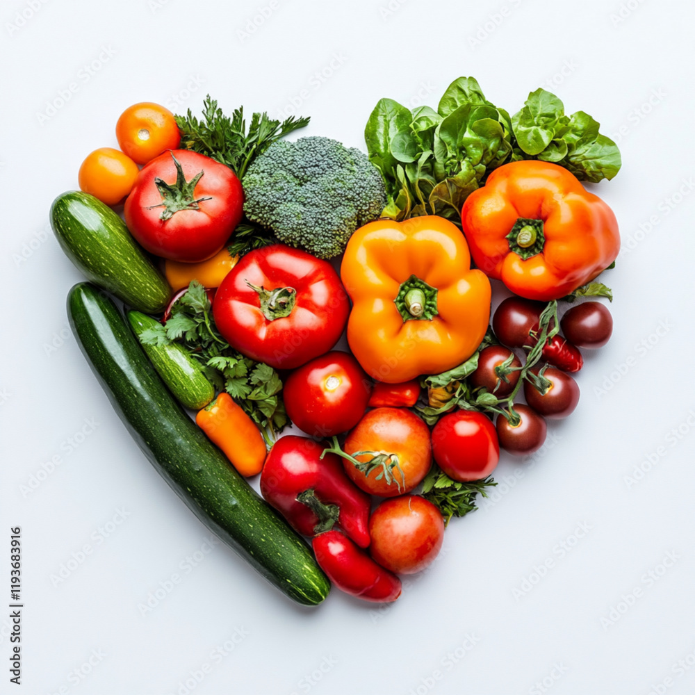Heart shaped display of healthy vegetables greens and oranges and reds. White background. Heart shaped display of healthy vegetables greens and oranges and reds. White background.
