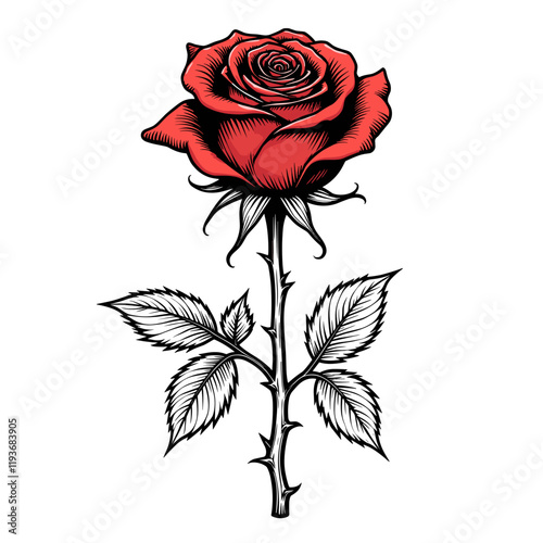 Red rose illustration with thorns on white background, floral symbolism